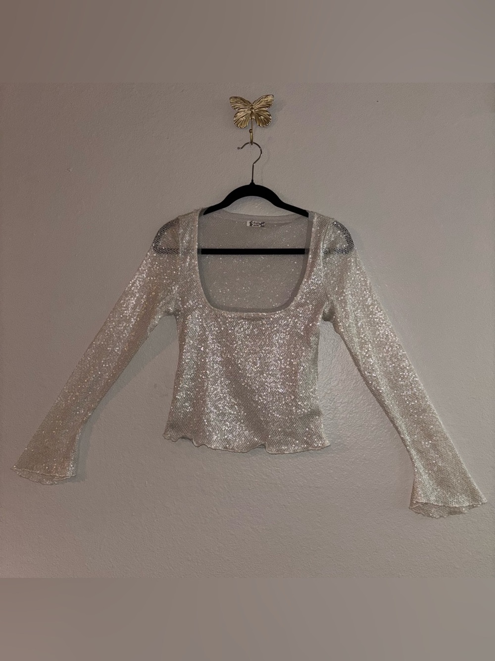 Free People Intimately Late Night Disco Sparkle Mesh Top Ivory Size Medium